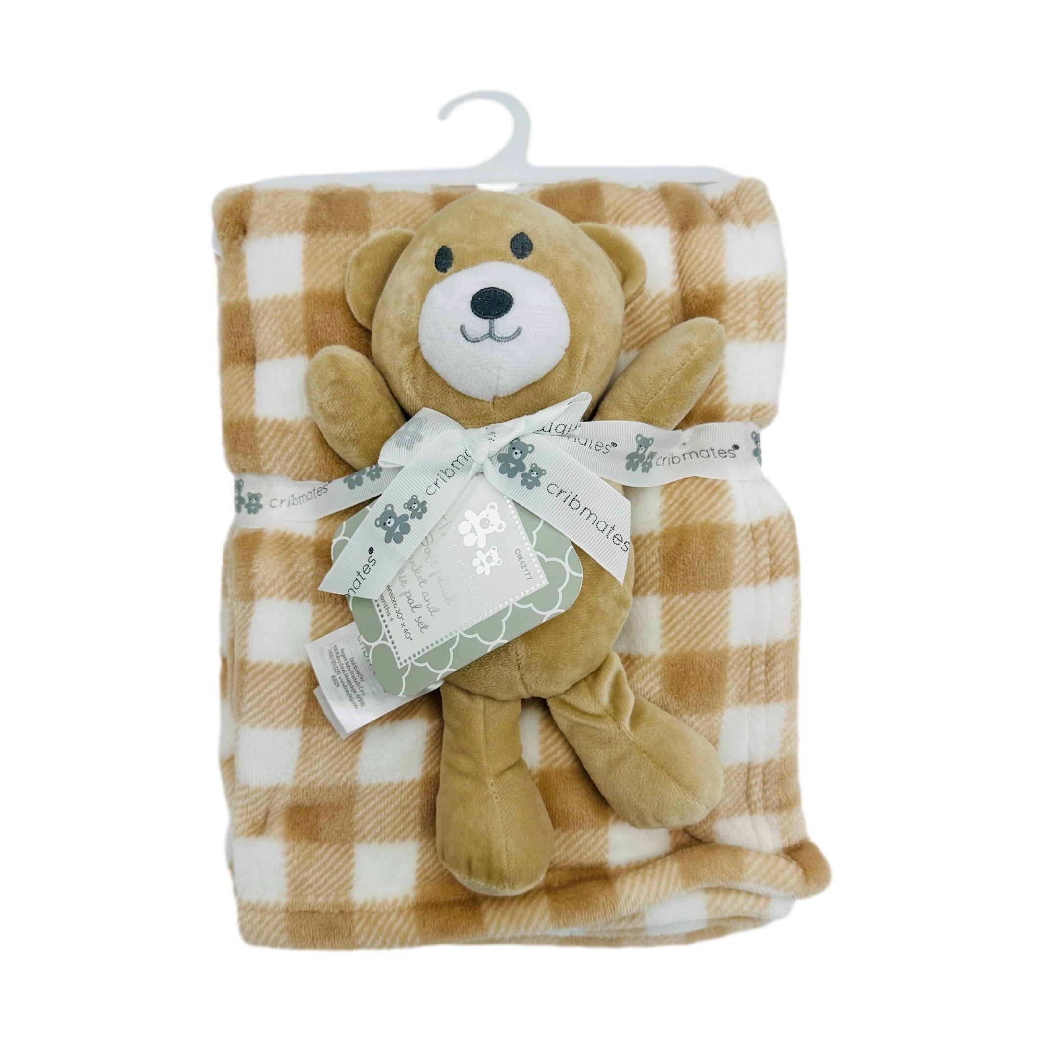 Stuffed bear toy and tan plaid baby blanket gift set with "cribmates" ribbon and tag.